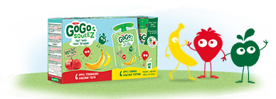 Une gourde GoGo squeeZ Pomme Patate Douce Raisin et une gourde GoGo squeeZ Poire Pomme Carotte